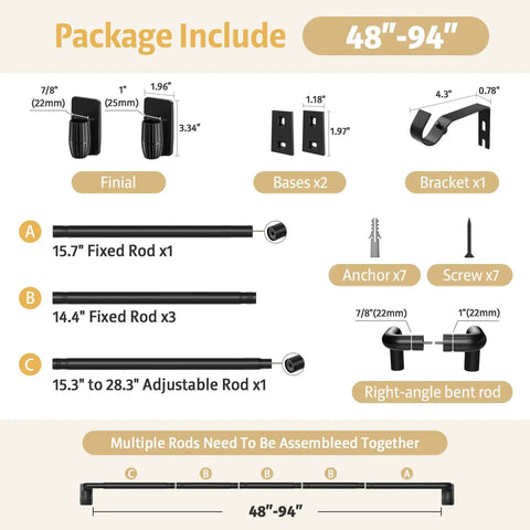 Package contents for Blackout Curtain Rods With Quick Release Wrap Around Design 1 Inch Adjustable Heavy Duty Matte Black For Windows 48 To 84 Inches Easy Install No Tools Needed Detachable For Washing Ideal For Bedroom And Living Room