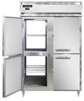 Heavy Duty Double Door Pass Thru Freezer With Durable Stainless Steel Shell And Smart Half Height Service Doors showing open doors and shelves.