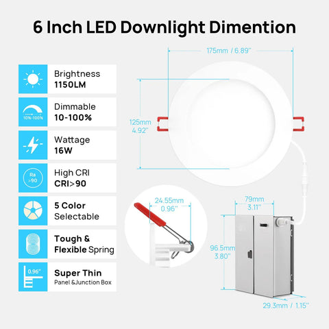 Diagram of 6-inch LED downlight dimensions and features, showing panel, junction box, and specifications in detail.