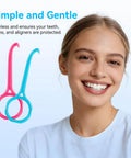 Clear Aligner Remover Tool Set For Easy Gentle Removal Of Aligners And Retainers Includes Chewies For Quick Comfort No Sweat Pain Free Removals For Invisible Braces Everyday Care. Pink and blue plastic remover tools, 3-inch size, with woman smiling