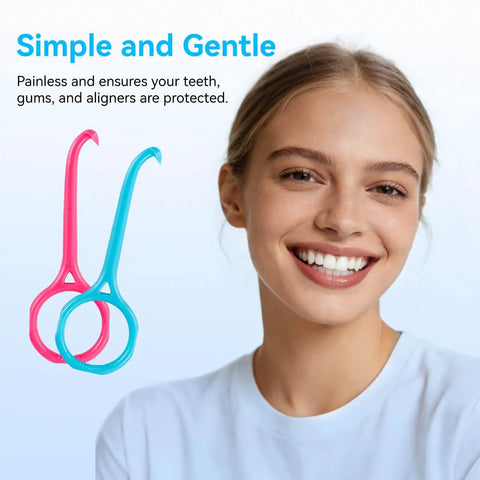 Clear Aligner Remover Tool Set For Easy Gentle Removal Of Aligners And Retainers Includes Chewies For Quick Comfort No Sweat Pain Free Removals For Invisible Braces Everyday Care. Pink and blue plastic remover tools, 3-inch size, with woman smiling