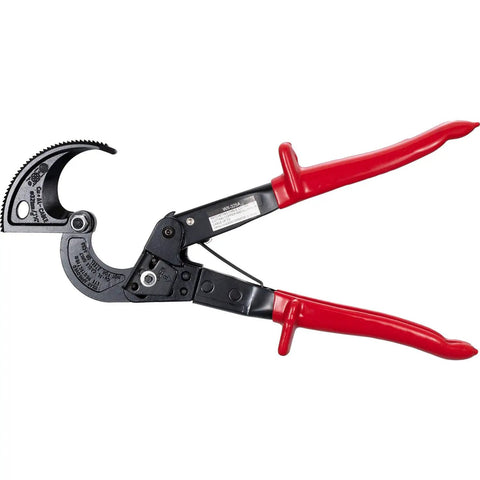 Heavy Duty Ratchet Cable Wire Cutter For Slick One Hand Operation With High Voltage Insulated Handles And Quick Release Lever To Cut Copper Or Aluminum Without Any Hassle, red handles, 11 in frame.