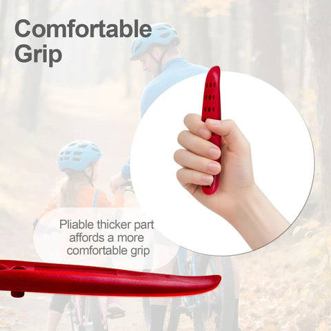 Hand holding red Ultra Strong Bicycle Tire Levers Set from 6 Piece Snap Together Bike Tire Tools in Red and Black, showing grip