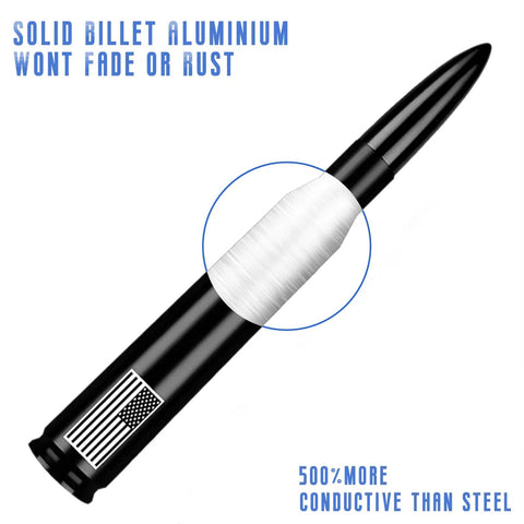 Flag Themed Car Truck Antenna With Valve Stem Caps Universal Mast Fits GM Chevy Silverado Ford F Series Denali Black Tough Weatherproof Easy Install For Off Road And Daily Driving showing black aluminum bullet style with flag design.