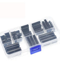 Clear plastic organizer box with black DIP IC socket adapter kit, 6 to 28 pin parts, solder type for circuit testing