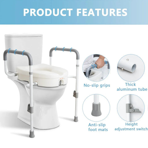 Super Steady Raised Toilet Seat With Secure Grab Bars And Anti Tip Legs Adds Five Inch Lift For Seniors Delivers Rock Solid Support And Makes Getting Up Easy As Pie
