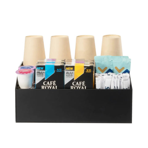 Acrylic Coffee Station Organizer for Countertops and Coffee Bars with 4 Compartments for Coffee Pods Tea Bags Sugar Stirrers Straws Cups