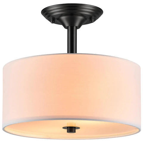 Matte Black 13 Inch Drum Ceiling Light Fixture With White Shade Two-Light Semi-Flush Mount Close-To-Ceiling Lamp