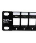 Close-up of 24-Port Blank Keystone 1U Patch Panel for Cat6 jacks, 19-Inch Rackmount, Steel Black, NDAA Compliant