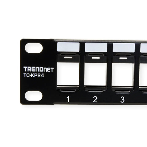 Close-up of 24-Port Blank Keystone 1U Patch Panel for Cat6 jacks, 19-Inch Rackmount, Steel Black, NDAA Compliant