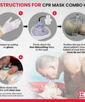Instructions for using Adult And Infant CPR Mask Kit With Dual Valves, Gloves And Alcohol Prep Pads, showcasing step-by-step process.