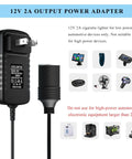 Chill Out Ac Dc Power Adapter, 12V 2 Amp output with cigarette lighter for automotive devices, black with power cord.
