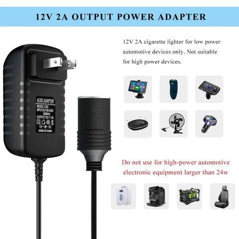 Chill Out Ac Dc Power Adapter, 12V 2 Amp output with cigarette lighter for automotive devices, black with power cord.