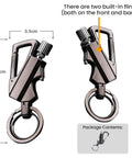 Rugged 3 In 1 Lighter Keychain With Bottle Opener And Multitool For Outdoor Survival shown with measurements and flints highlighted