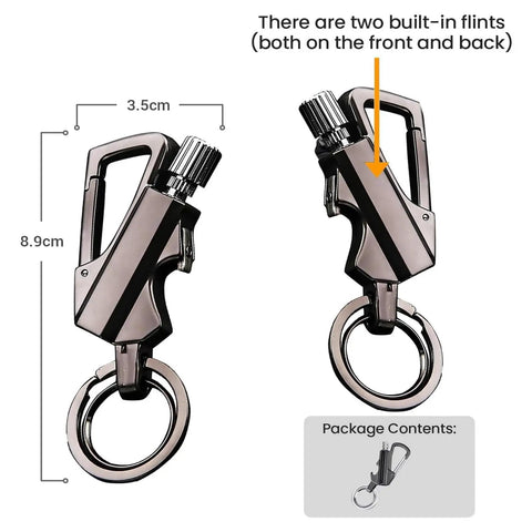 Rugged 3 In 1 Lighter Keychain With Bottle Opener And Multitool For Outdoor Survival shown with measurements and flints highlighted