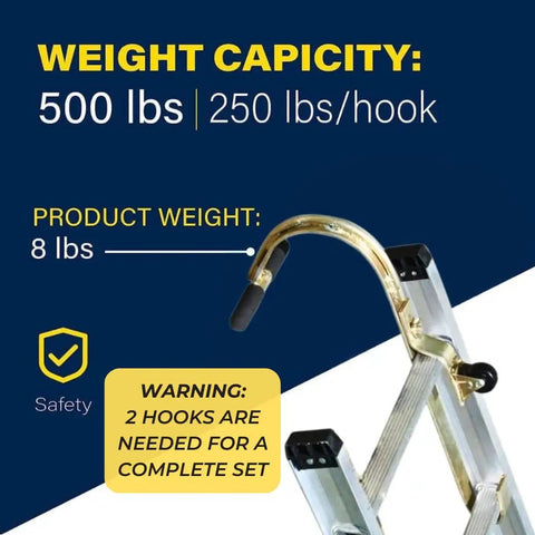 Ladder Roof Hook With Wheel For Safe Rooftop Access, Zinc Plated Steel Construction with rubber grip T bar shown on ladder