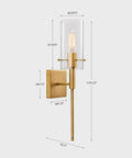 Set Of 2 Modern Indoor Wall Sconces In Antique Brass With Clear Glass Shade Dual Up Down Mount Sleek Wall Decor For Bedroom Living Room Hallway Minimalist Lighting Fixtures. Image shows a single sconce with measurements.