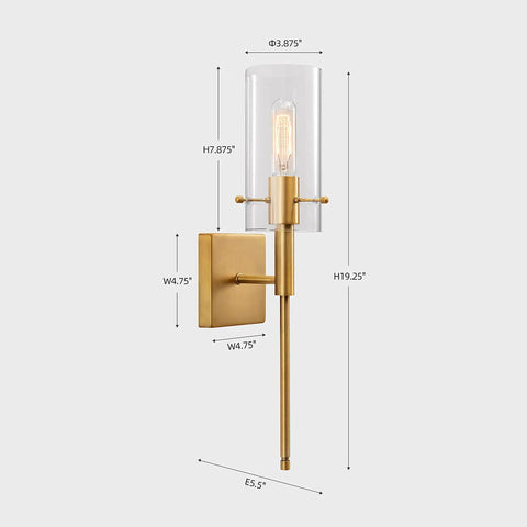 Set Of 2 Modern Indoor Wall Sconces In Antique Brass With Clear Glass Shade Dual Up Down Mount Sleek Wall Decor For Bedroom Living Room Hallway Minimalist Lighting Fixtures. Image shows a single sconce with measurements.