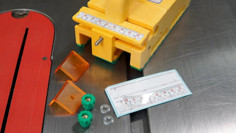 Two Pack 3D Push Block With SafeRip Kit for table saw shown with components on a metal surface