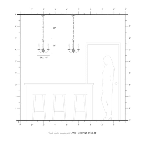 Diagram showing dimensions of Three Light Black Mini Chandelier With Transitional Steel Design, compact 14 by 14 inch fixture.