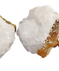 Set Of Natural White Quartz Geode Cabinet Knobs With Gold Plated Drawer Pulls Unique Irregular Crystal Stone Hardware, close-up view.