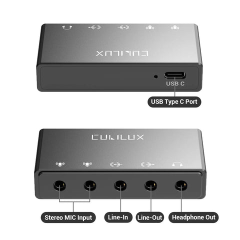 Front and back view of USB Audio Interface For Recording, Streaming, And Podcasting With 5 In 1 Hub showcasing ports and labels.