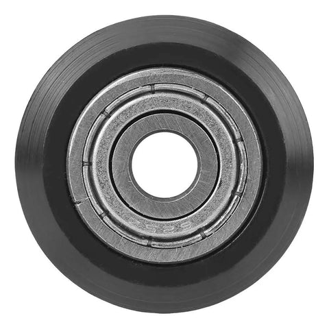 Close-up of a single wheel from the 20 Piece V Shape Wheel Set With 5mm Bore And 625 Bearing Pulleys For CNC Machines And 3D Printers, Durable POM Material.