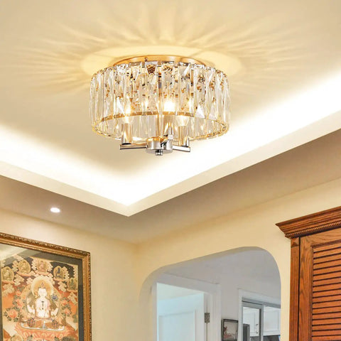 K9 Crystal Flush Mount Ceiling Light Fixture In Chrome Finish For Living Room, Bedroom, And Dining Room Sparkling Crystal Sticks Lampshade