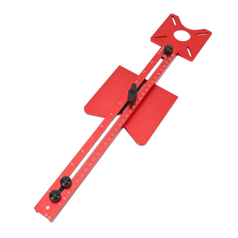 Rock Solid Heavy Duty 4 In 1 Aluminum Router Jig Kit With Quick Assembly Backer Bracket For Circle Cutting Groove Milling Edge Trimming Modular Woodworking Tool in red color with adjustable measuring scale.