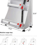 Boss Level Automatic Pizza Dough Sheeter And Roller Machine Powered By A Beefy 370W Copper Motor and Heavy Duty Stainless Steel Frame showing usage steps.