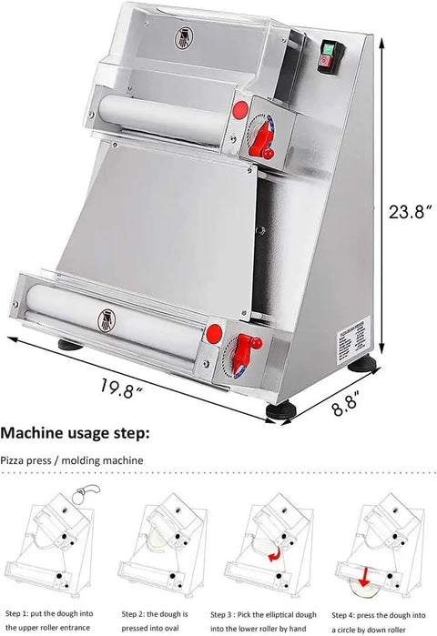Boss Level Automatic Pizza Dough Sheeter And Roller Machine Powered By A Beefy 370W Copper Motor and Heavy Duty Stainless Steel Frame showing usage steps.