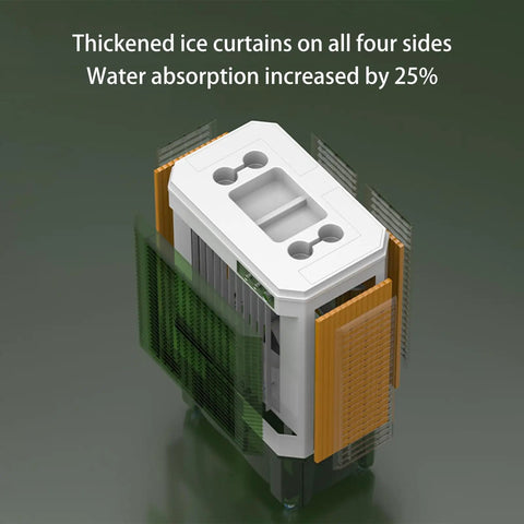 Portable Evaporative Cooler With Large Water Tank And Four Ice Packs, Windowless Air Conditioner for Garage or Patio, showing thickened ice curtains.