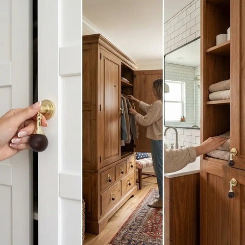 Gold Pendant Knobs Set 12 Pack for Cabinets and Furniture, Elegant Drop Handles on white, wood drawers, and bathroom cabinet