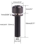 Titanium M5x18mm hex bolt with washer, black finish, side view for bicycle stem.