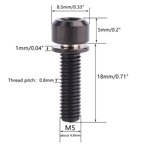 Titanium M5x18mm hex bolt with washer, black finish, side view for bicycle stem.