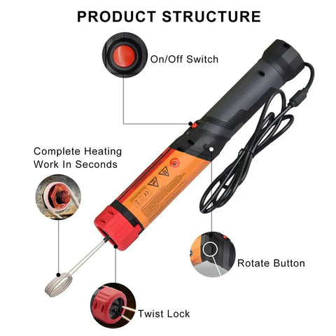 Professional Grade Mini Magnetic Induction Heater 1100 Watt 8 Coil Handheld Heating Rod showing product structure and controls.