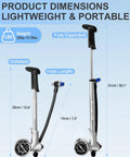 Product dimensions of Pro Grade High Pressure Bike Shock Pump With Gauge, showing weights and hose lengths for easy portability.