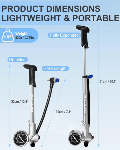 Product dimensions of Pro Grade High Pressure Bike Shock Pump With Gauge, showing weights and hose lengths for easy portability.
