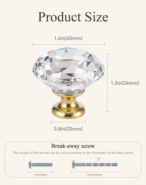 Four Pack Of Straight Up Stunning Clear Gold Diamond Cabinet Knobs With Built Tough Zinc Alloy Bases And Just Pure Magical Glass Dresser Pulls For Weekend Home Makeovers showing size dimensions of crystal and base.