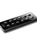 Black remote control for Bluetooth Bookshelf Speakers With Optical Input, Wireless Studio Monitor Vibe, 42W RMS, Wood Grain Finish.