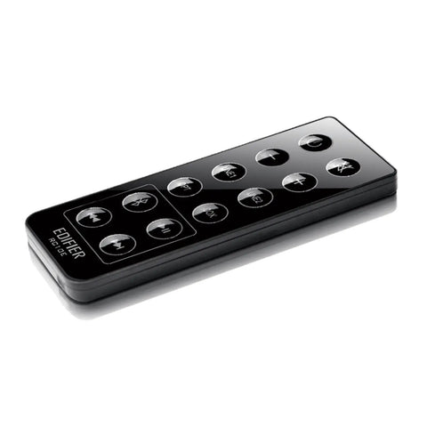 Black remote control for Bluetooth Bookshelf Speakers With Optical Input, Wireless Studio Monitor Vibe, 42W RMS, Wood Grain Finish.