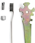 Beast Workhorse HVLP Gravity Feed Paint Sprayer kit accessories including a wrench, brush, and connectors for maintenance and assembly.
