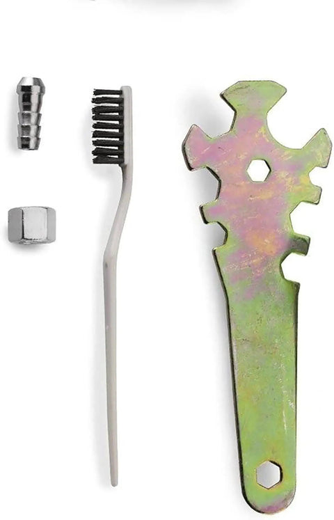 Beast Workhorse HVLP Gravity Feed Paint Sprayer kit accessories including a wrench, brush, and connectors for maintenance and assembly.