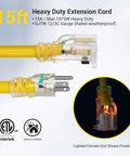 Close-up of 15 ft Heavy Duty 25 Foot 12 Gauge 3 Conductor Contractor Extension Cord with Locking Plug in yellow.