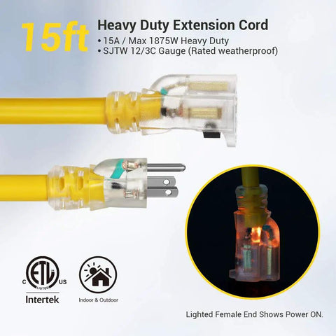 Close-up of 15 ft Heavy Duty 25 Foot 12 Gauge 3 Conductor Contractor Extension Cord with Locking Plug in yellow.