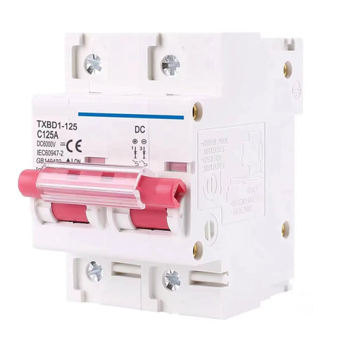 Front view of 2P DC Circuit Breaker For Solar PV Systems 12-600V 80A-125A C Curve 10kA Fault Rating 35mm DIN Rail Mini MCB