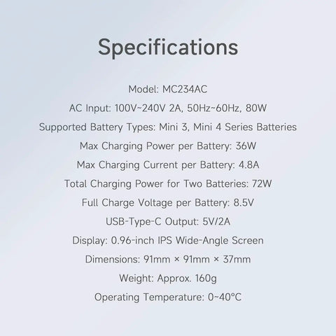 Specifications list for Compact Dual Port 72W Fast Charger Hub For Mini Drone Batteries With LCD Screen and USB C Output