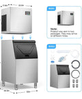 Industrial Ice Maker Workhorse With 550 Lbs Per Day Output And 400 Lbs Storage, stainless steel, front view with components