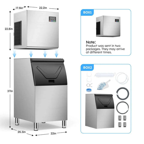 Industrial Ice Maker Workhorse With 550 Lbs Per Day Output And 400 Lbs Storage, stainless steel, front view with components