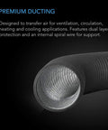 Close-up of Built Tough 4 Inch Aluminum Ducting with Four Layer Protection, 8 ft long, showing steel wire spiral for HVAC use.